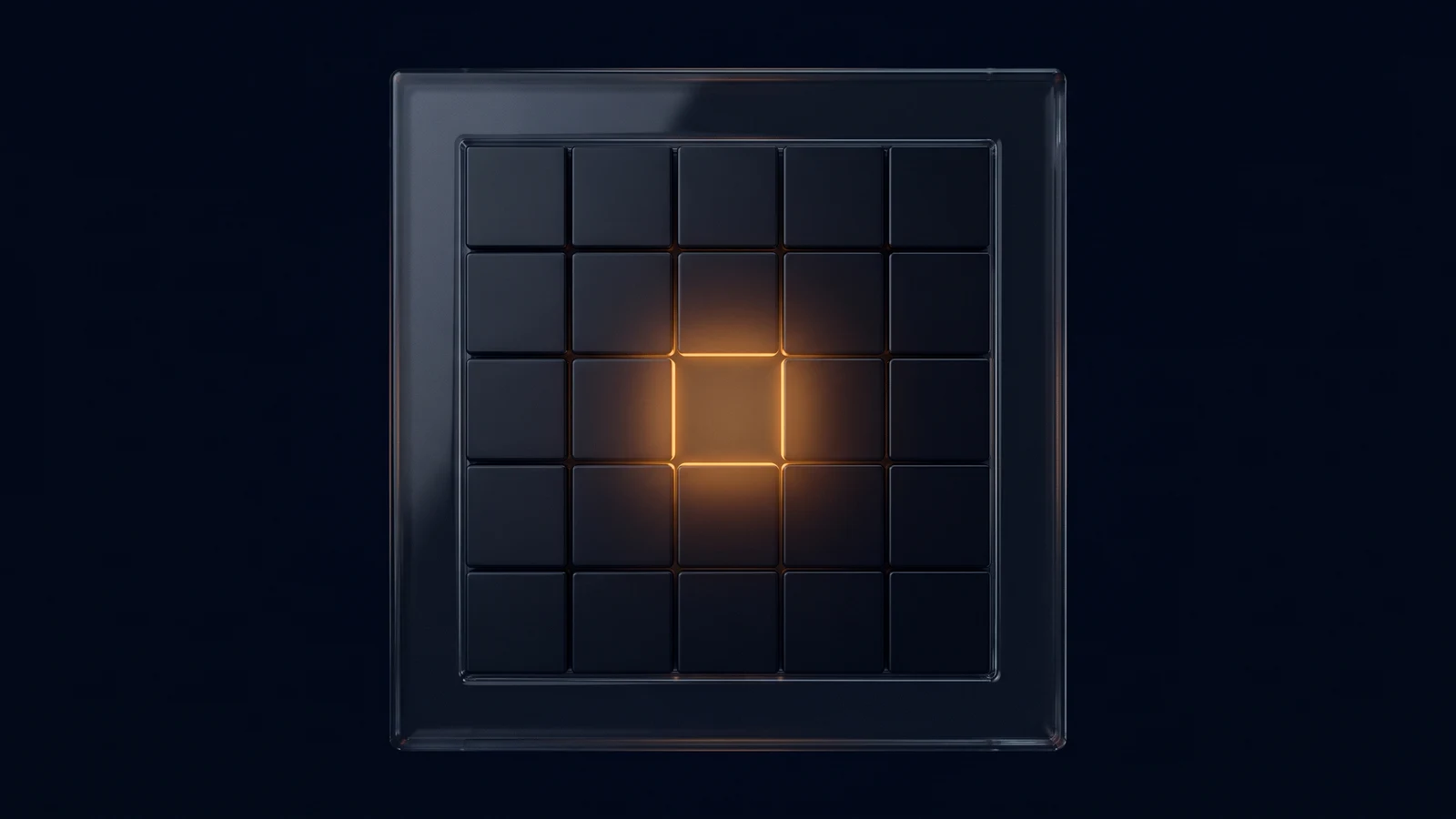 A broad grid of identical blank dark tiles held in a smoked-glass frame in a deep blue void, one tile position left empty with the recess behind it glowing warm amber while every tile stays dark