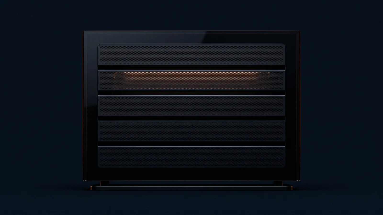 A broad upright audio unit of dark smoked glass standing on a low base rail in a deep blue void, its whole face divided into five equal blank perforated grille panels stacked one above another, four of them dark and the second from the top washed warm amber from inside the housing