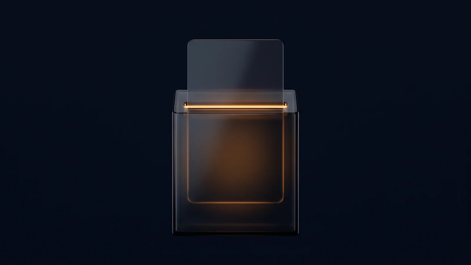 An upright card reader of dark smoked glass in a deep blue void, one blank card standing proud out of its slot, the slot opening lit warm amber from inside the housing