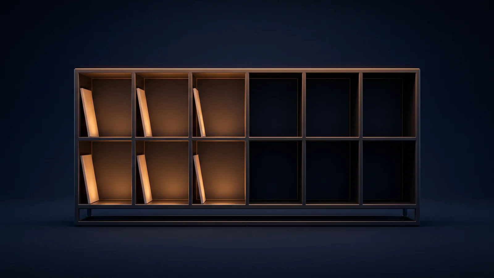 A broad blank dark storage rack standing on a low rail in a deep blue void, two rows of six open cells, the three columns at the left holding unmarked upright plates and washed warm amber, the three at the right standing empty and dark