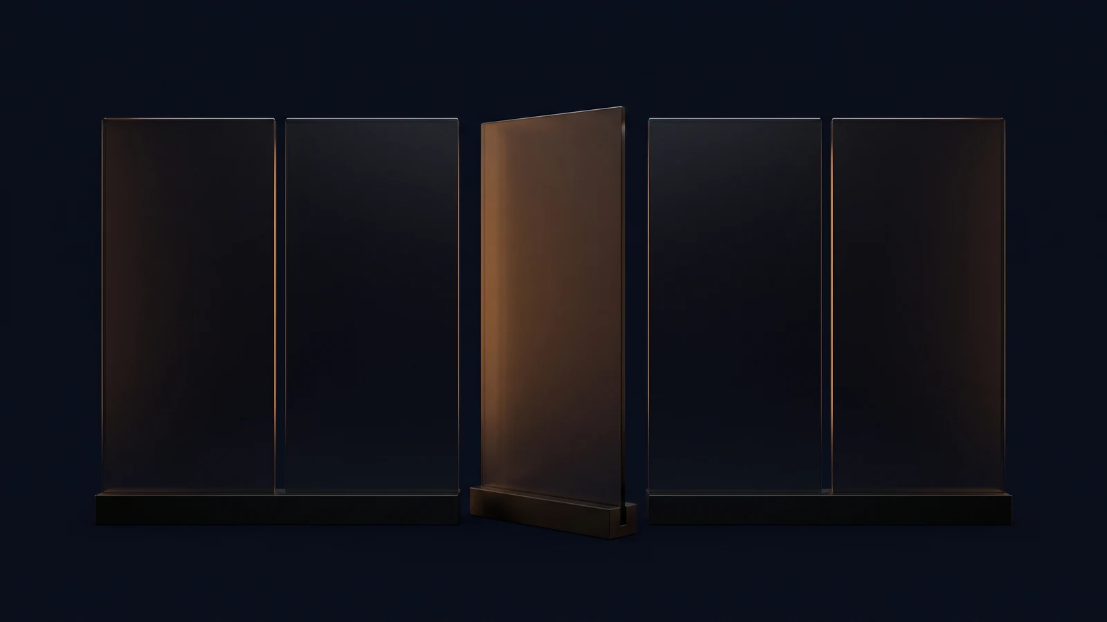 Five identical tall upright panels of dark smoked glass standing shoulder to shoulder on a broad low base rail in a deep blue void, every surface blank, four standing flush and dark with faint warm rims and the middle one swung forward at an angle with its broad face washed warm amber