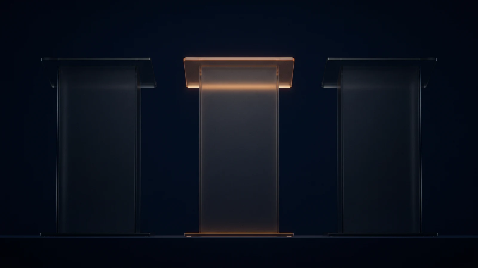 Three identical upright speaking lecterns of dark smoked glass standing side by side in one row on a low base rail in a deep blue void, every surface blank, the two outer lecterns dark and unlit and the center one traced by a thin warm amber rim along its reading ledge and its foot