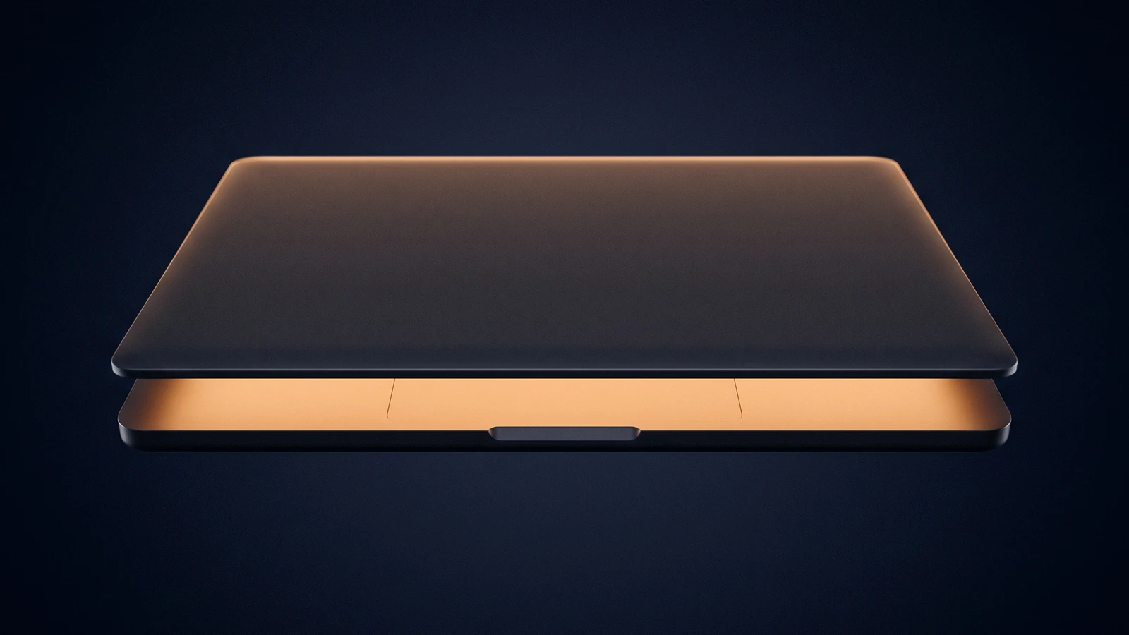 A dark laptop floating in a deep blue void with its lid lowered until it is nearly closed, the narrow gap between lid and base glowing warm amber
