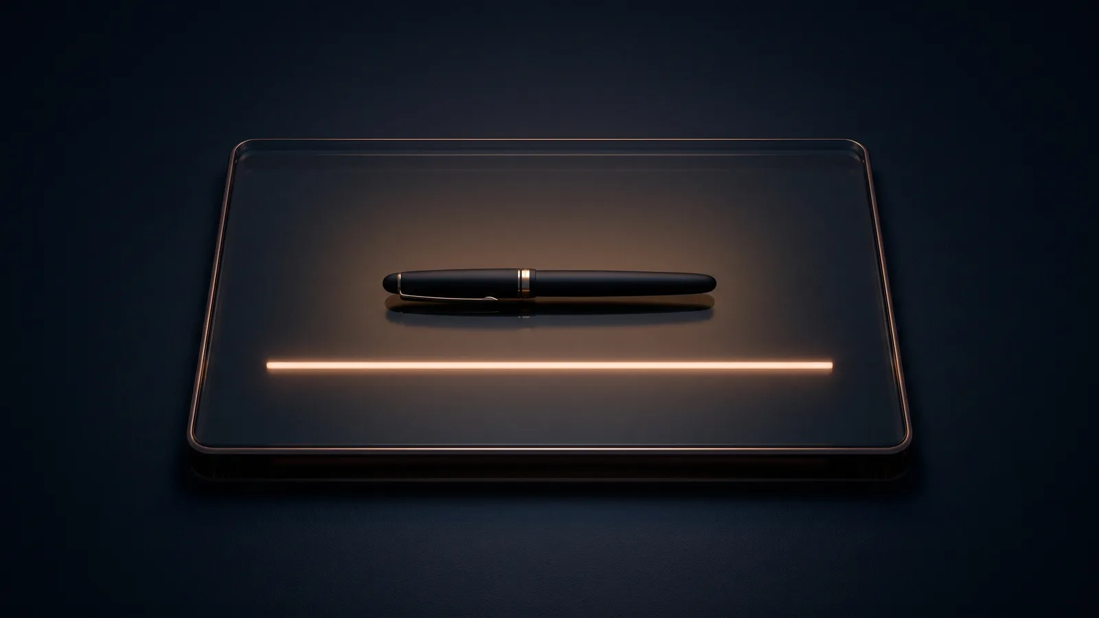 A broad blank dark glass document slab with a thin amber rim lying in a deep blue void, a capped black fountain pen resting on it above a single thin line glowing warm amber