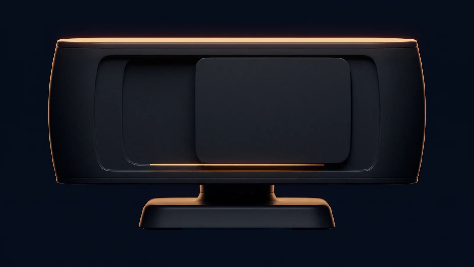 A broad blank dark webcam standing on a wide low stand in a deep blue void, a blank sliding cover closed fully across its aperture, with a thin warm amber line showing only along the narrow gap at the edge of the closed cover