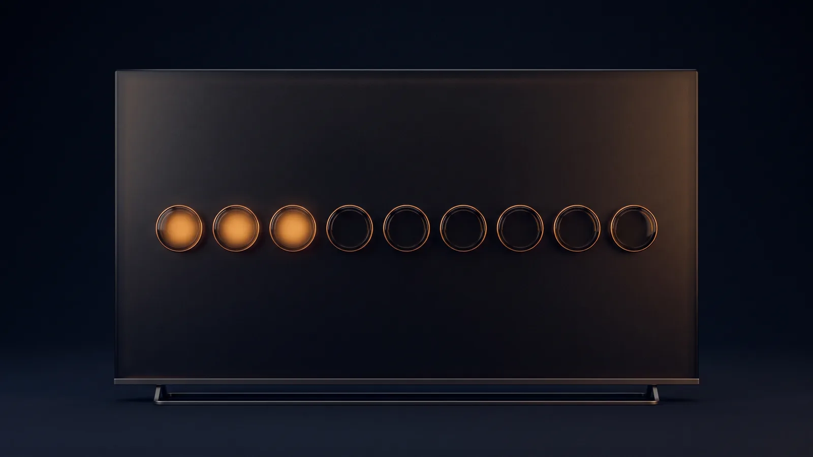 A broad blank dark indicator panel standing on a low stand in a deep blue void, one even row of nine identical unmarked round lenses across its middle, the three at the left lit warm amber and the other six dark