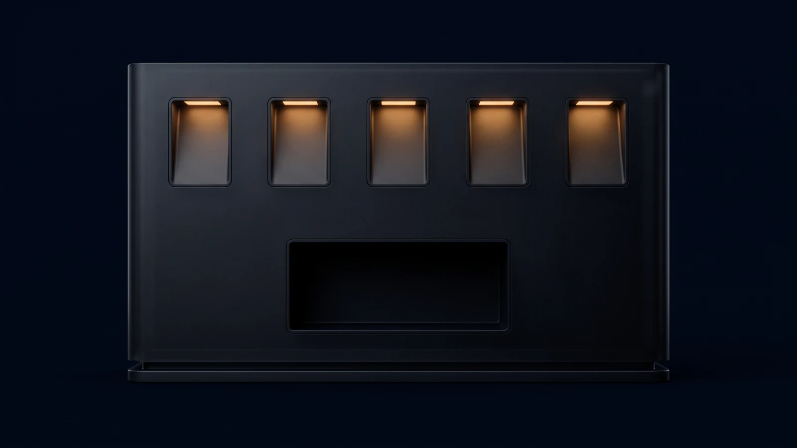 A broad blank signal distribution housing of dark smoked glass on a low base rail in a deep blue void, a row of five identical blank outlets across its upper face each washed warm amber from deep inside, above one large rectangular inlet that stays dark