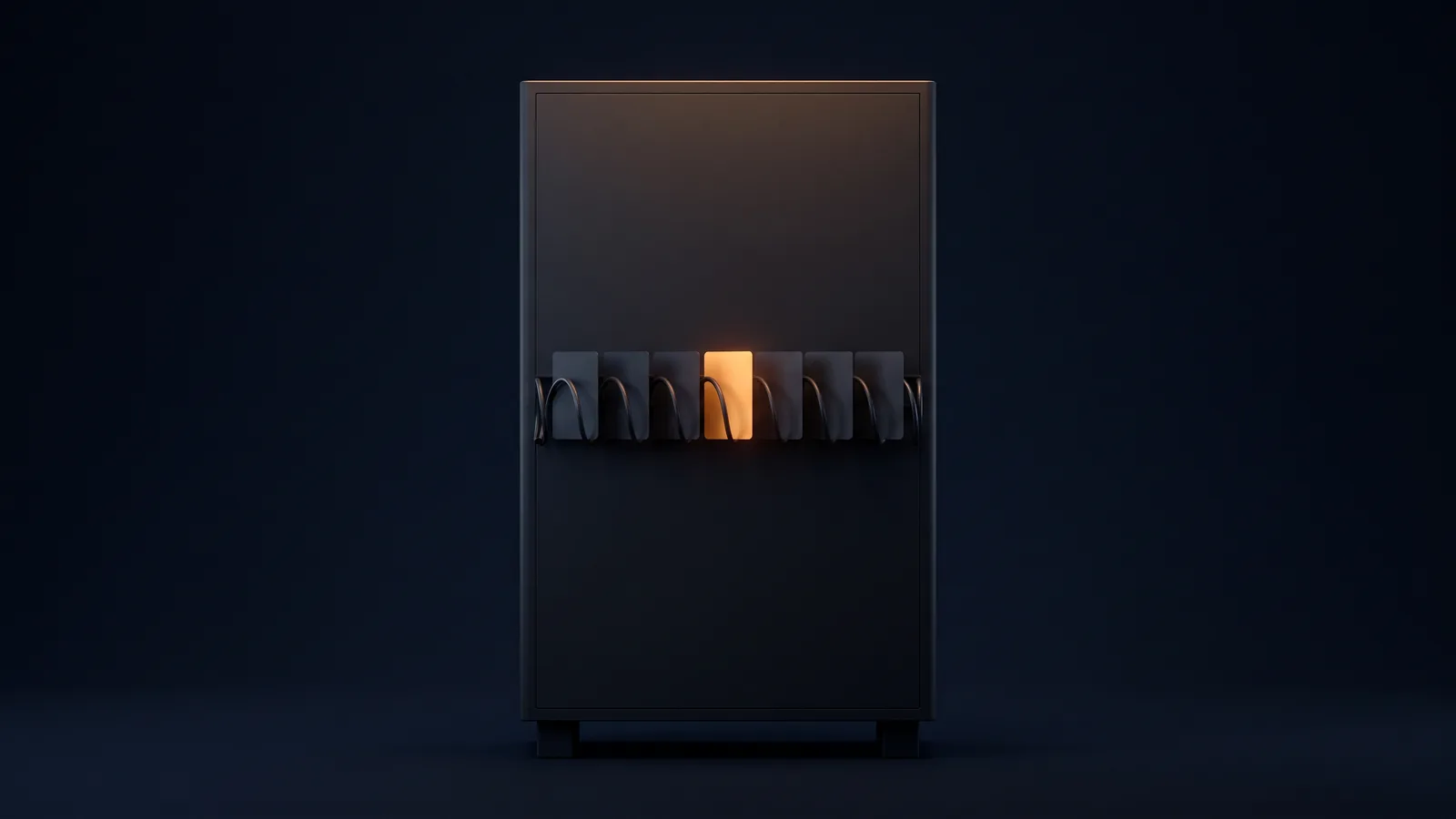 A tall upright cabinet of matte near-black glass standing dead-on in a deep blue void, a rail across its middle holding a row of seven identical blank cards, six dark but present and the one at the center lit warm amber from within