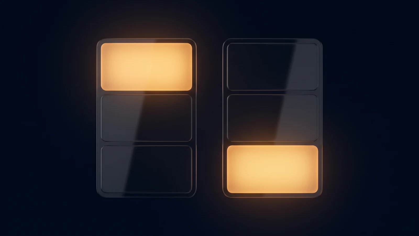 Two identical upright cards of dark smoked glass standing side by side in a deep blue void, each divided into three completely blank horizontal rows, the top row of the left card and the bottom row of the right card glowing warm amber while every other row stays dark