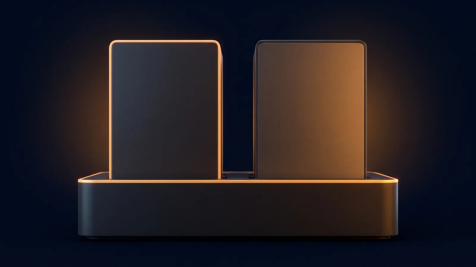 A dark two-bay docking station in a deep blue void holding two upright blank modules, the left traced by a warm rim and the right washed warm amber