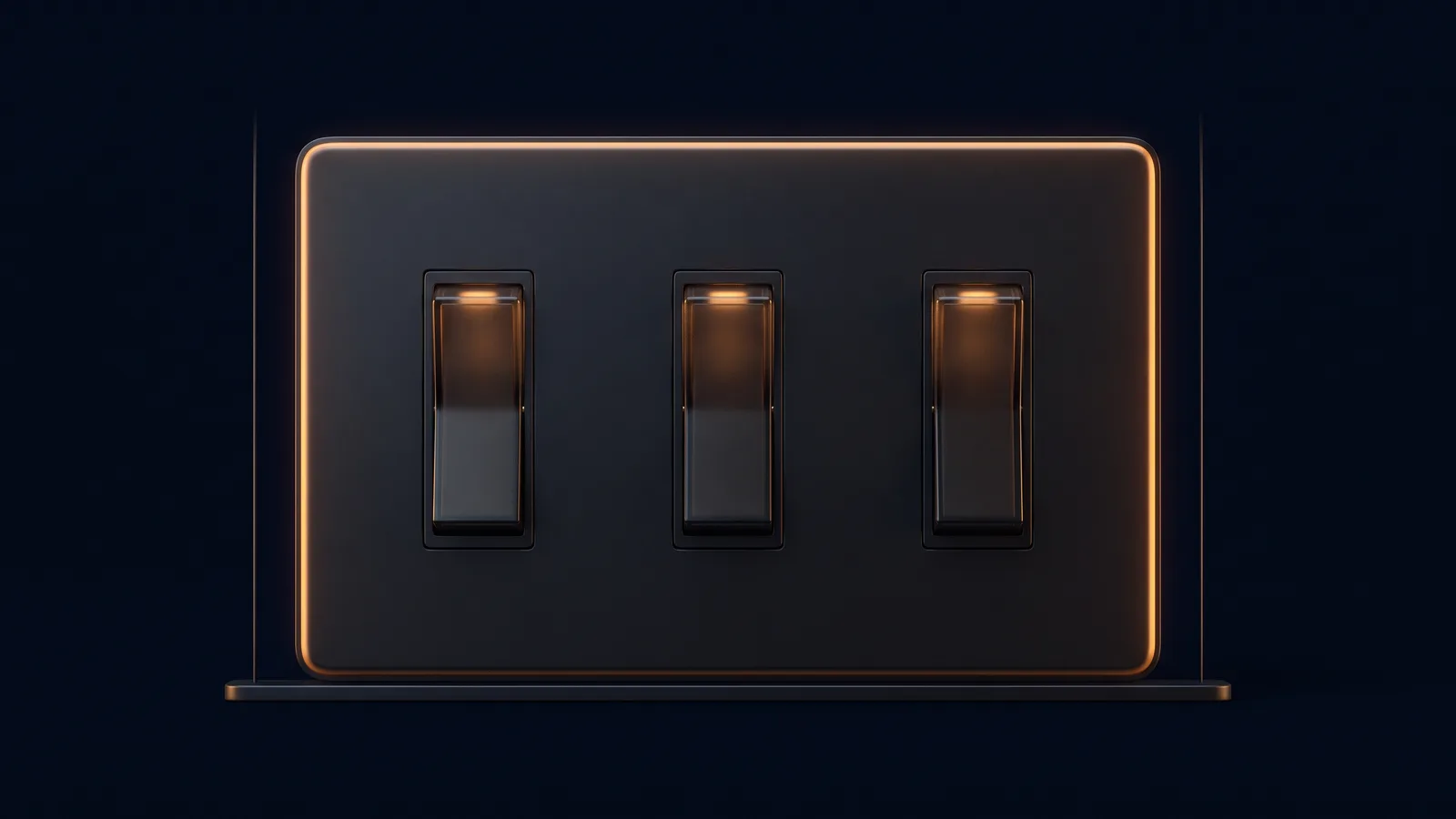 A dark wall switch plate on a low base in a deep blue void with three identical rocker switches, all three switched on and glowing the same dim warm amber