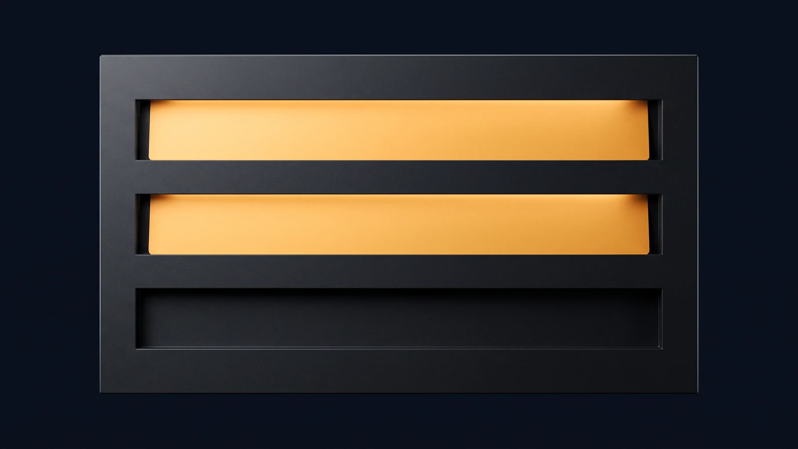 A broad wall-mounted display board of matte near-black charcoal seen dead-on in a deep blue void, its blank face holding three wide horizontal card channels, the top two each holding a completely blank card washed warm amber from inside the board and the bottom channel empty and dark