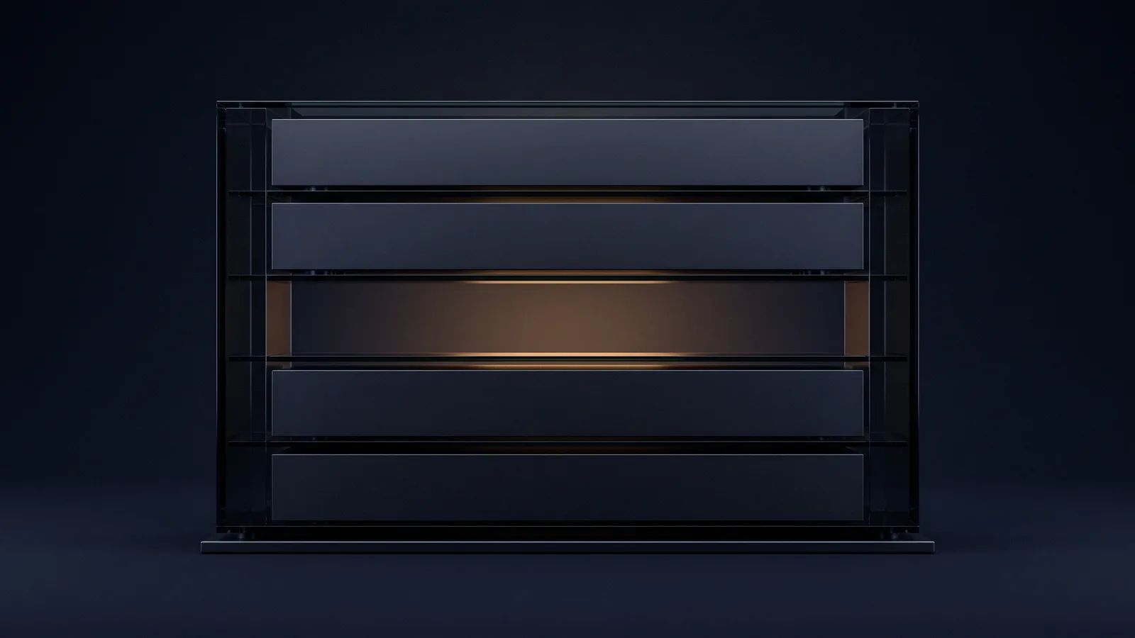 A broad equipment rack of dark smoked glass standing dead-on on a low base rail in a deep blue void, holding a stack of identical wide horizontal blank units, one single bay in the middle of the stack left completely empty with the shallow recess behind it washed dimly warm amber