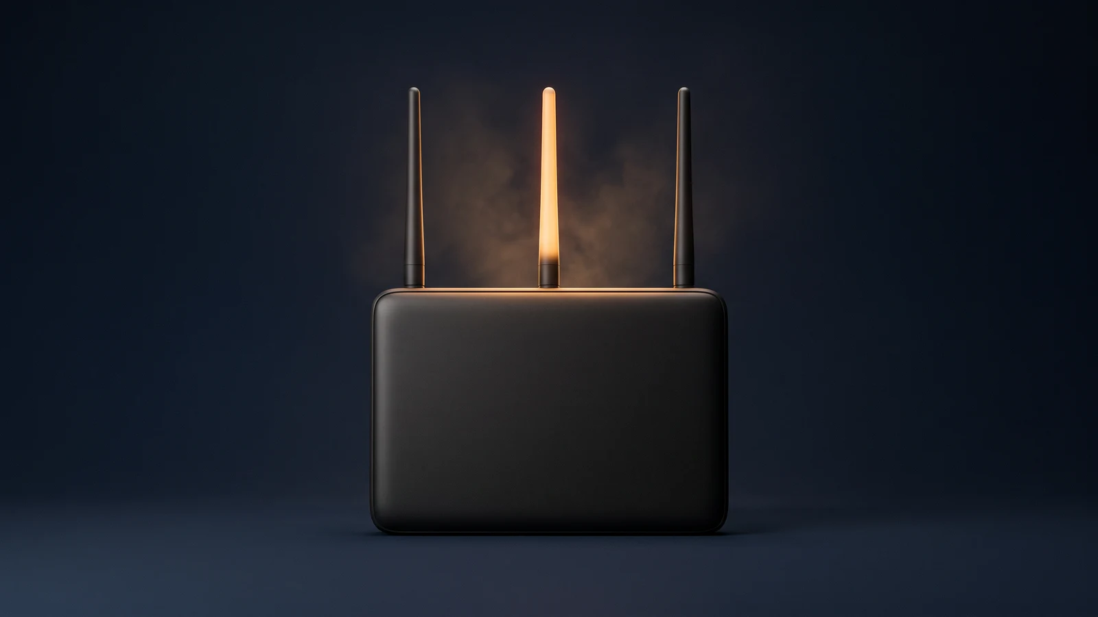 A wireless router of matte near-black glass standing dead-on in a deep blue void, three upright antennas rising from its top edge, the middle antenna glowing warm amber and the outer two dark but present