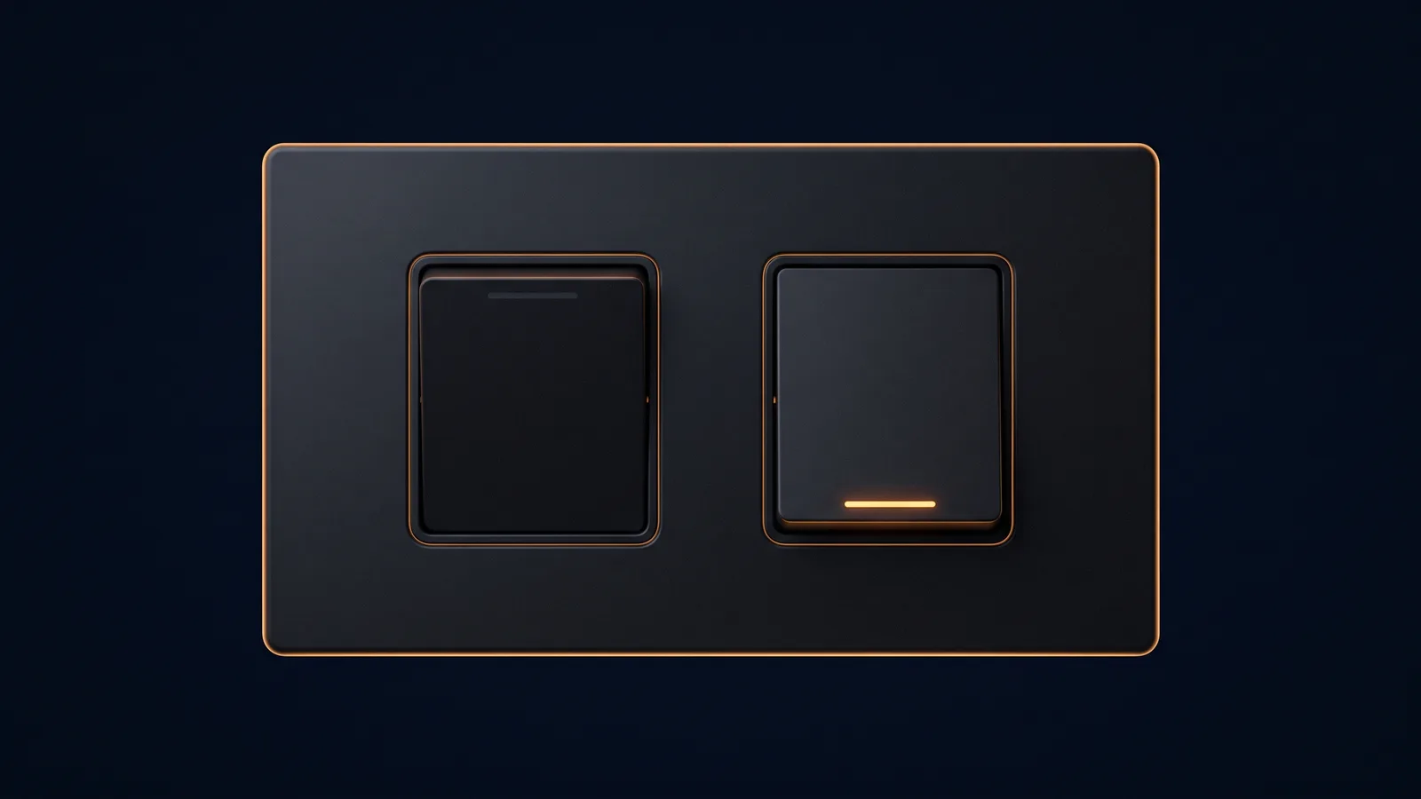 A broad dark wall switch plate in a deep blue void holding two large rocker switches with a wide gap between them, the left switched off and dark, the right switched on with a thin amber indicator line