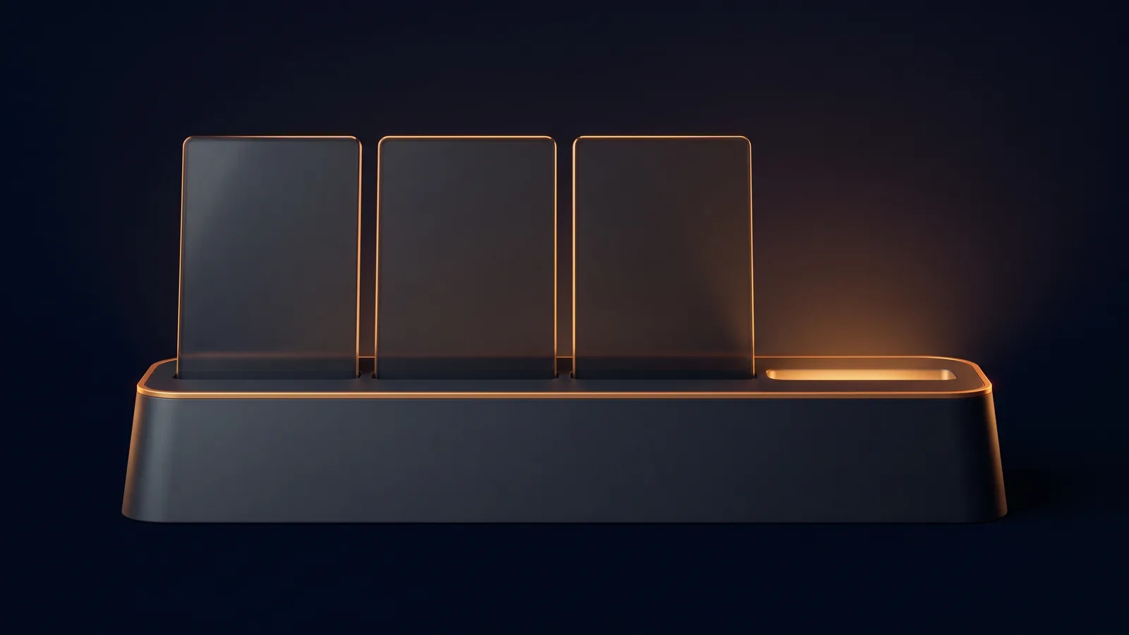 A dark countertop display stand in a deep blue void holding three tall blank glass cards in its left slots, with the fourth slot on the right empty and glowing warm amber