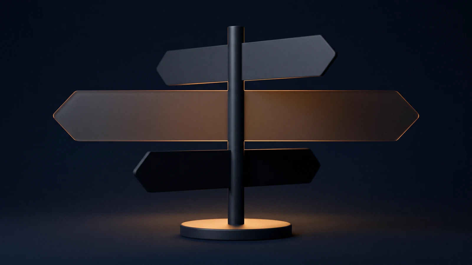 A single upright signpost of matte near-black charcoal standing dead-on on a low round base in a deep blue void, three completely blank blades pointing outward, the long middle blade a dark smoked surface washed dimly warm amber and rimmed with light along its edges, the two shorter blades above and below it dark but clearly present