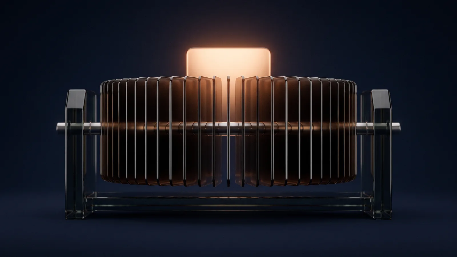 A rotary card carousel of dark smoked glass in a deep blue void, a ring of identical blank cards on a spindle, the card at the top glowing warm amber from within