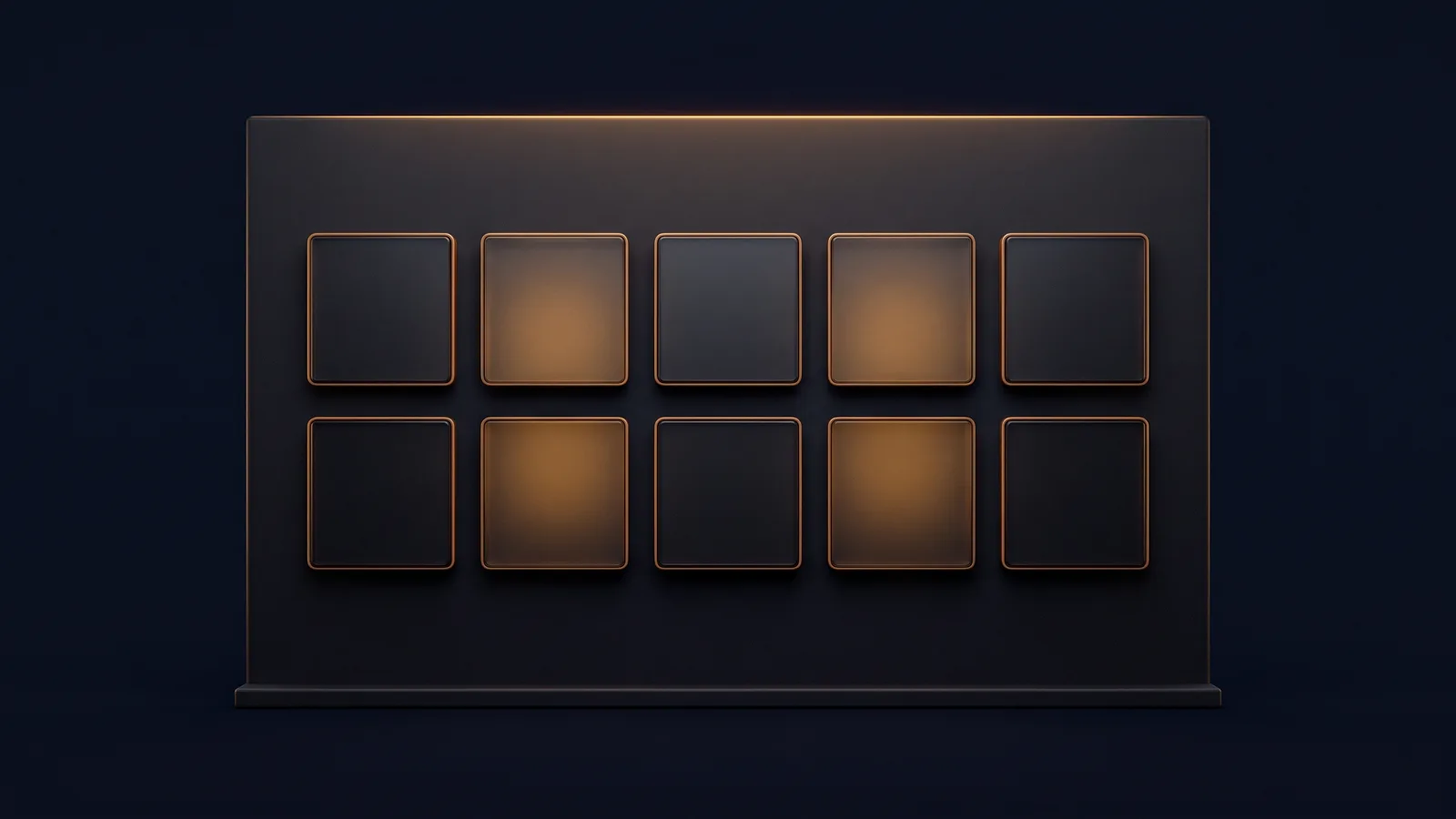 A broad dark board in a deep blue void holding two rows of five square glass tiles, with the second and fourth tiles lit warm amber in both rows so the lit tiles line up in two columns