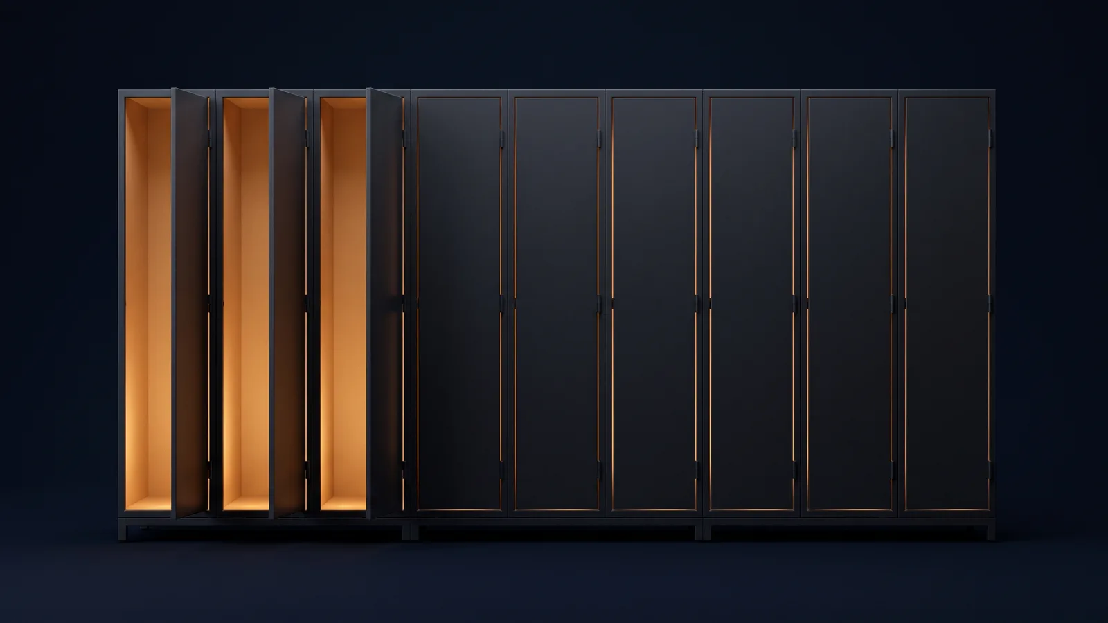 A broad dark locker cabinet in a deep blue void built as one row of nine tall unmarked compartments, the three doors at the left standing open on interiors lit warm amber and the six to the right shut flush and dark