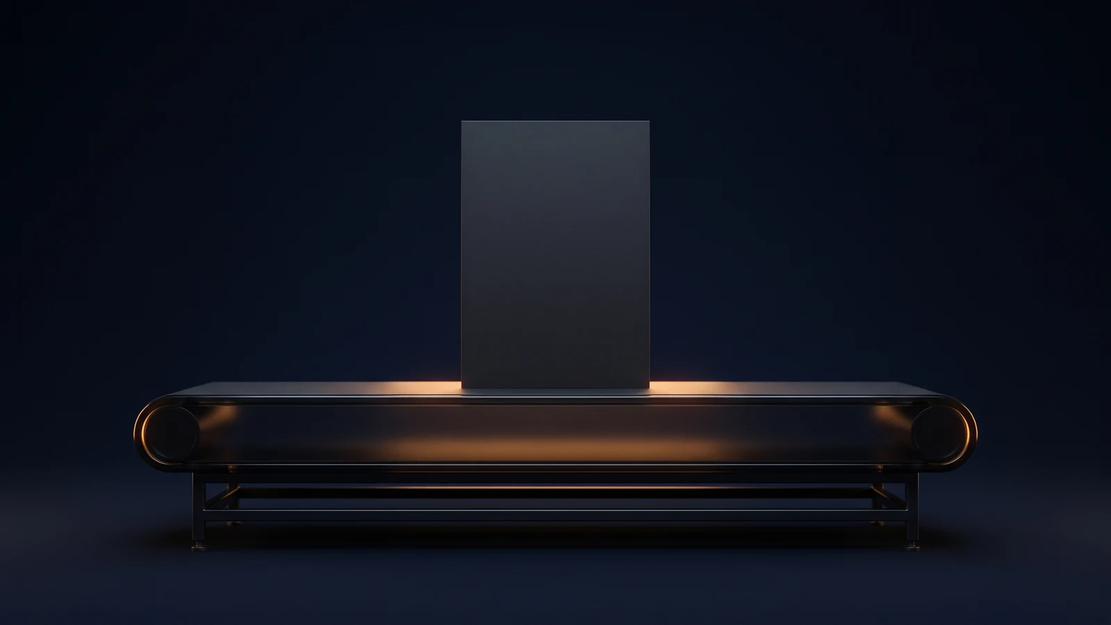 A broad conveyor belt module of dark smoked glass in a deep blue void, one tall blank card standing upright at the center of the belt, dark and matte with a soft warm amber rim where the light in the belt housing washes across it