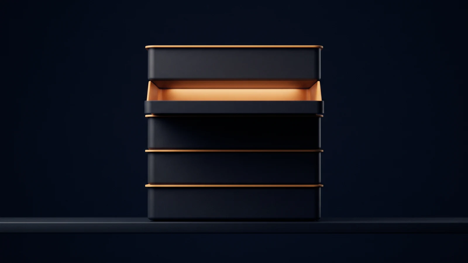 A stack of identical dark trays in a deep blue void, one tray pulled forward with the empty channel behind it washed warm amber