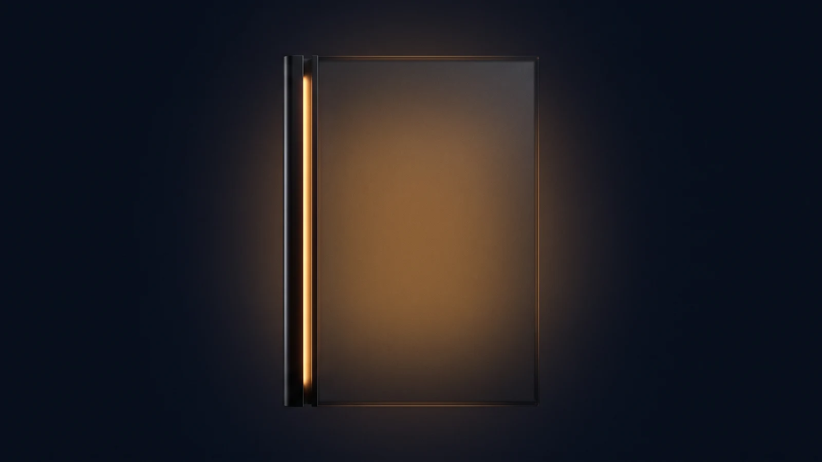 A tall upright slab of dark smoked glass standing face-on in a deep blue void, its broad face blank and unlit, with a thick vertical rail down its left edge glowing warm amber