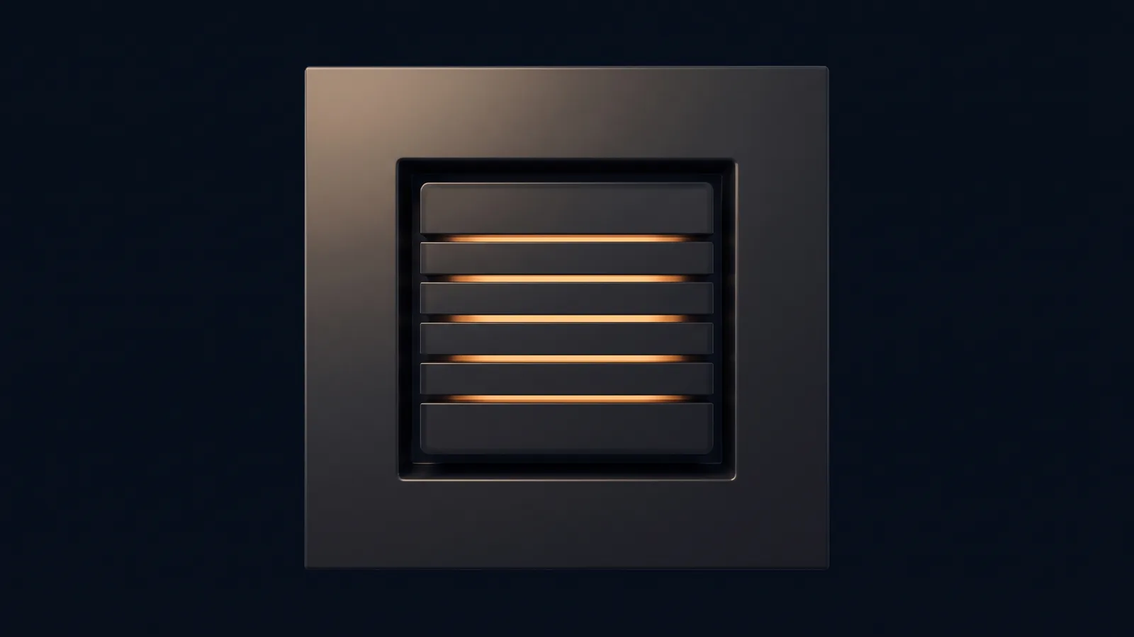 A broad blank square housing of dark smoked charcoal in a deep blue void, a recessed panel at its center closed by six identical unmarked horizontal blades, and warm amber light showing in each of the five narrow gaps between them