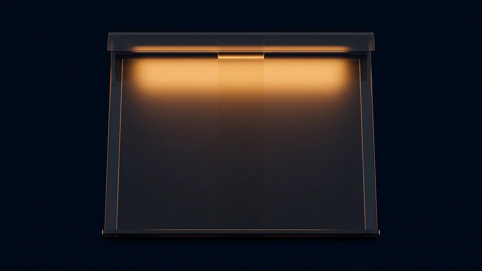 A broad upright document stand of dark smoked glass in a deep blue void gripping one large blank sheet, the top third of the sheet washed warm amber from a light source inside the upper arm of the stand and the lower two thirds left matte and very dark