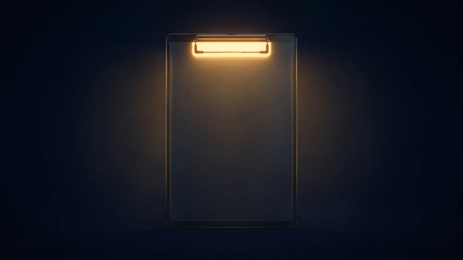 A single upright clipboard of dark smoked glass in a deep blue void, its board face entirely blank and the wide clip across its top edge glowing warm amber