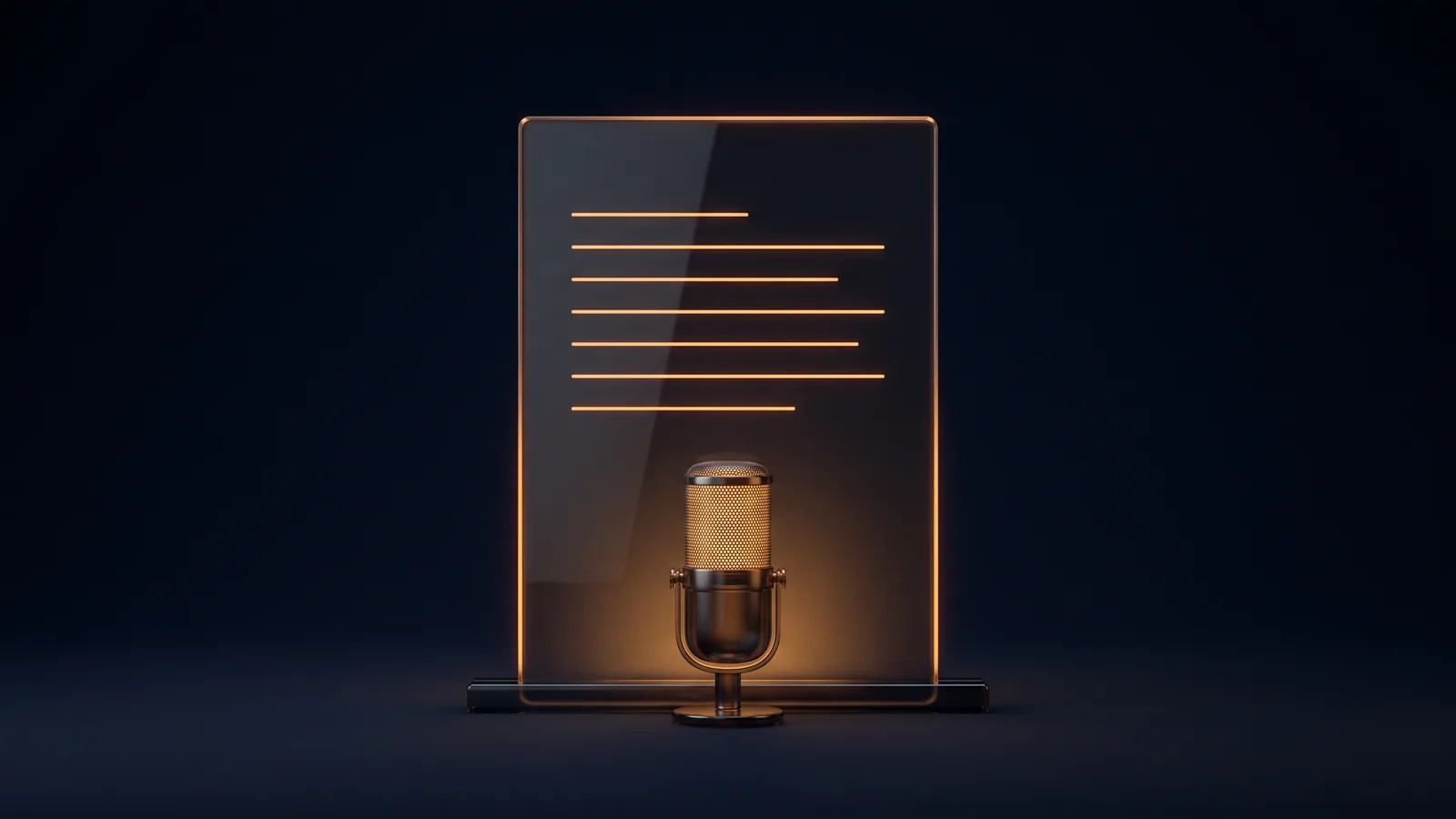 A tall upright document page of dark smoked glass rimmed in amber in a deep blue void, seven thin lines of uneven length glowing warm amber across its dark face, a round podcast microphone standing in front of its lower edge