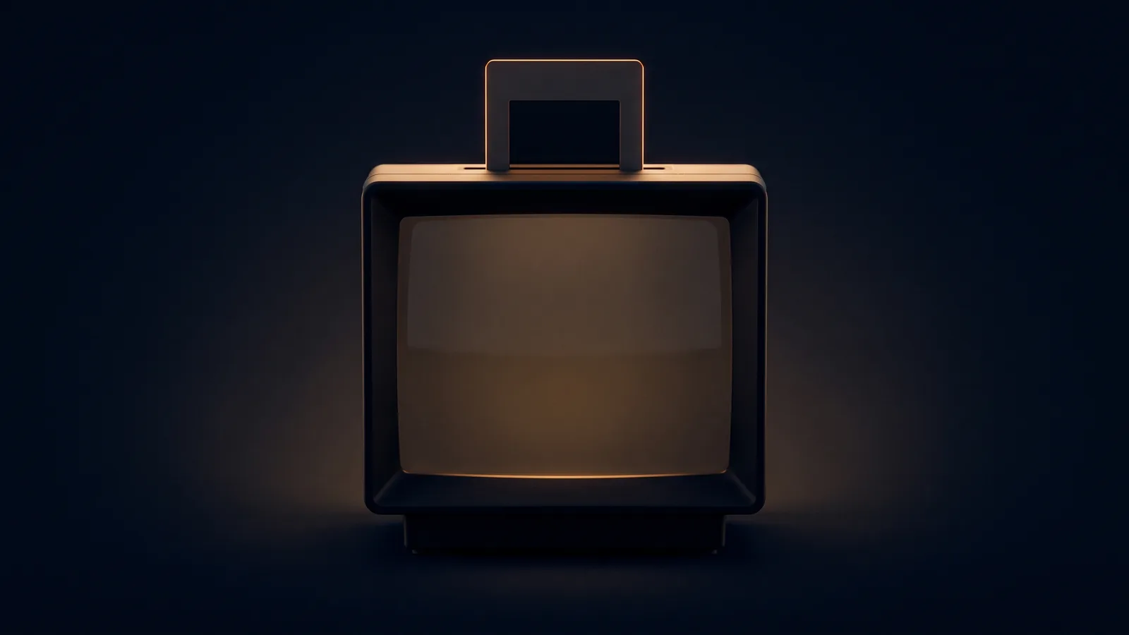A boxy upright backlit viewer of matte near-black glass standing dead-on in a deep blue void, its broad blank panel washed dimly with warm amber from within, one completely blank slide standing proud from a slot along its top edge with its edges catching the same light