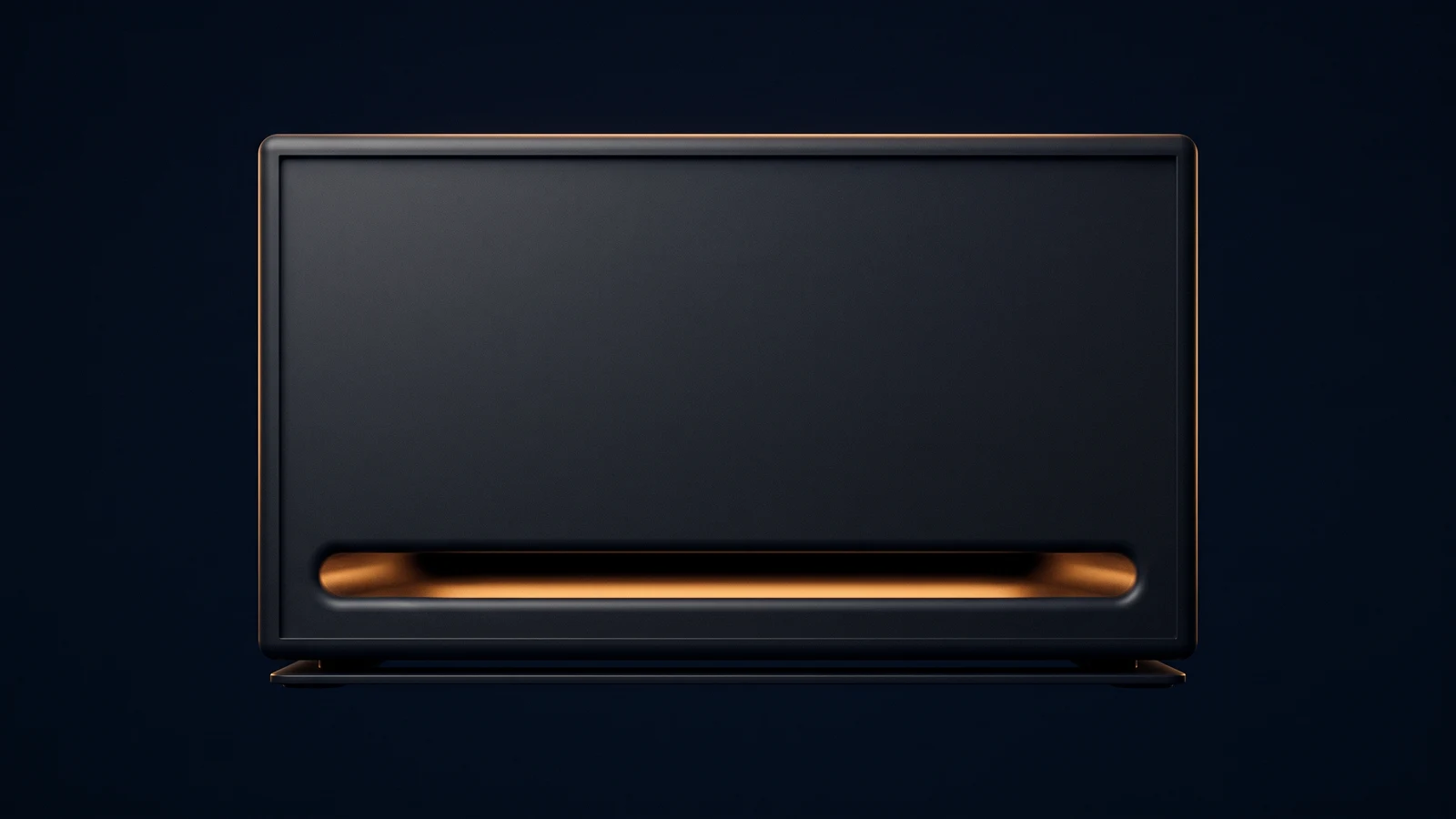 A single broad speaker cabinet of matte near-black charcoal standing dead-on on a low base rail in a deep blue void, its large front face completely blank, one long horizontal mouth slot running nearly the full width along the lower part of the face and washed warm amber from inside the cabinet