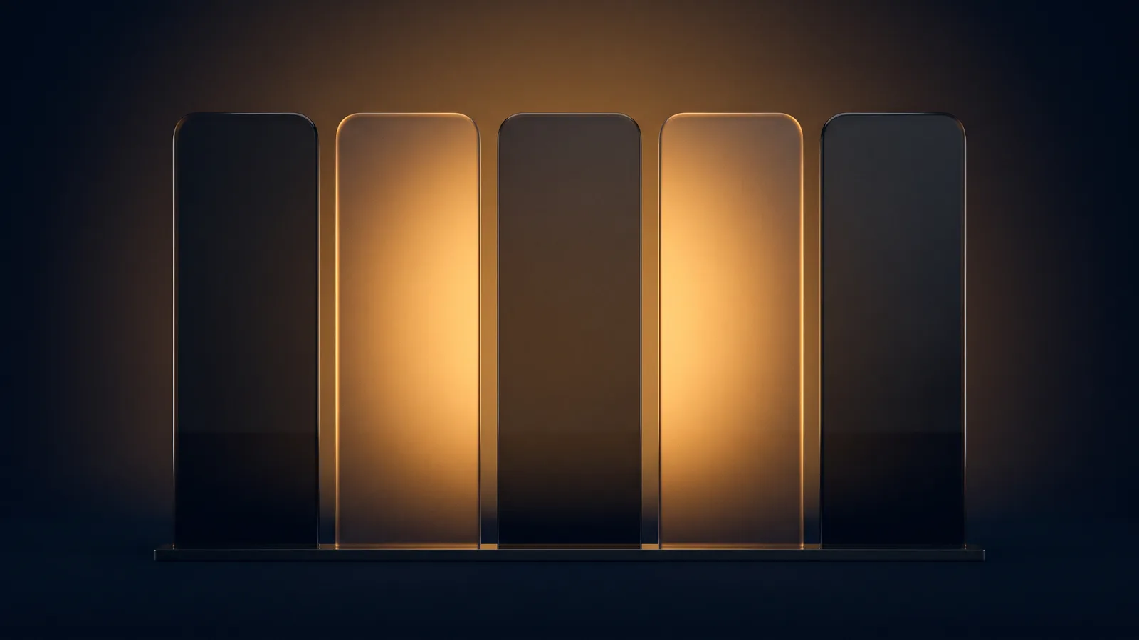 Five tall upright panels of dark smoked glass standing shoulder to shoulder on a base rail in a deep blue void, the second and fourth glowing warm amber from within