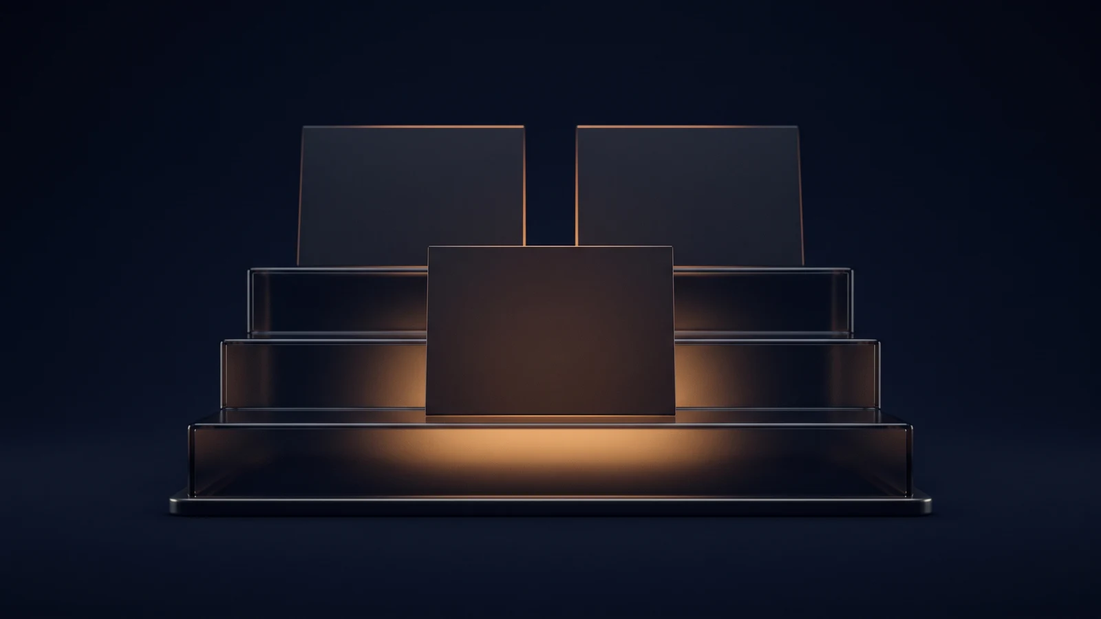A broad low stepped riser of dark smoked glass in a deep blue void, built as three shallow steps each holding one blank upright card, the front card on the lowest step washed dimly warm amber from beneath and the two cards behind it dark but present