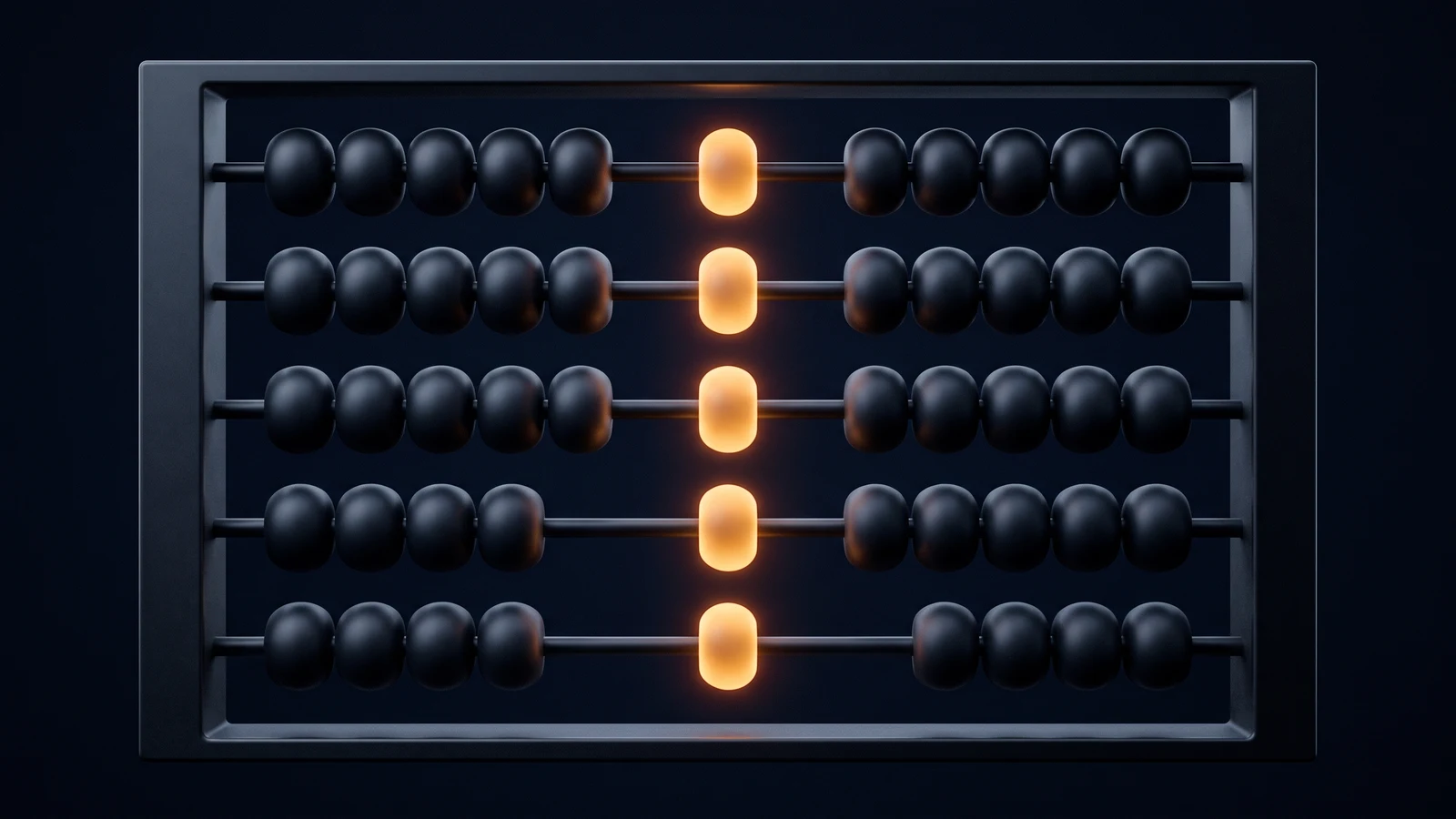 An upright counting frame of dark matte glass in a deep blue void, five rails of blank near-black beads, one bead on each rail glowing warm amber in a straight vertical line