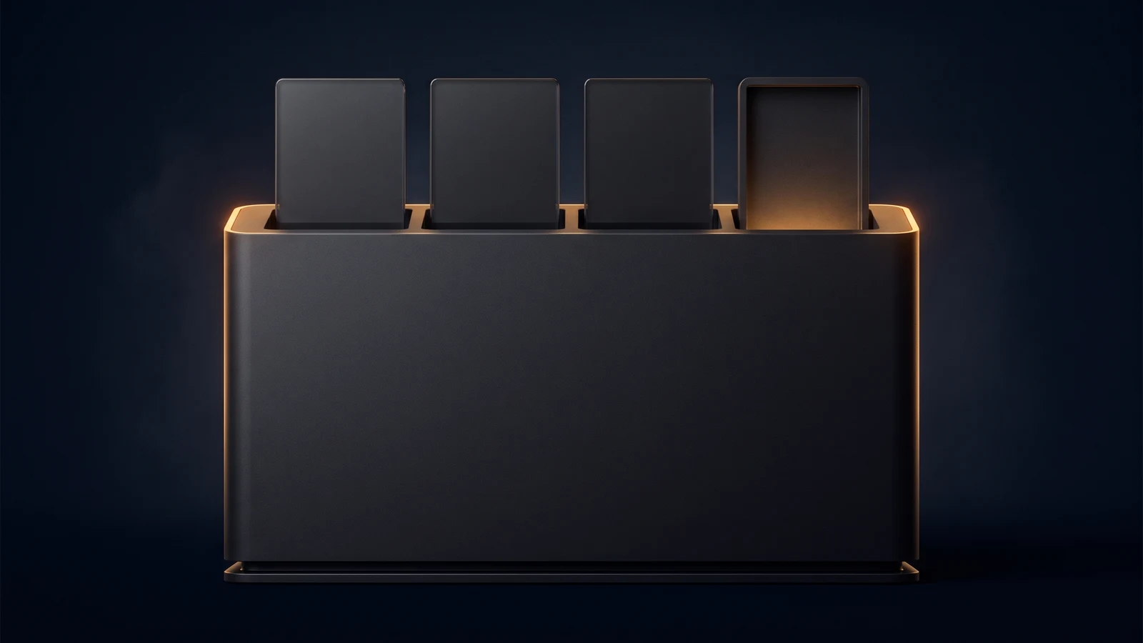 A broad blank dark docking chassis on a low rail in a deep blue void, three of its four bays each holding a blank dark upright plate standing proud, the fourth bay standing empty with its open recess washed warm amber from within