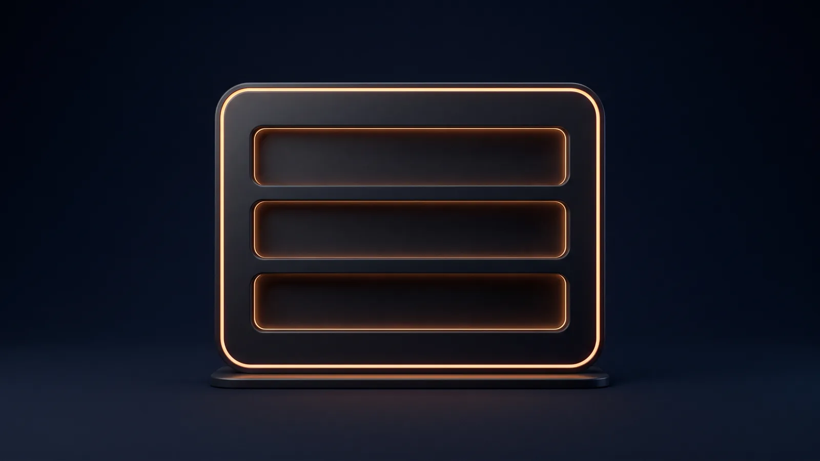 A dark upright answer card on a low base in a deep blue void, traced by a thin warm amber rim, its three recessed result slots all empty and dark