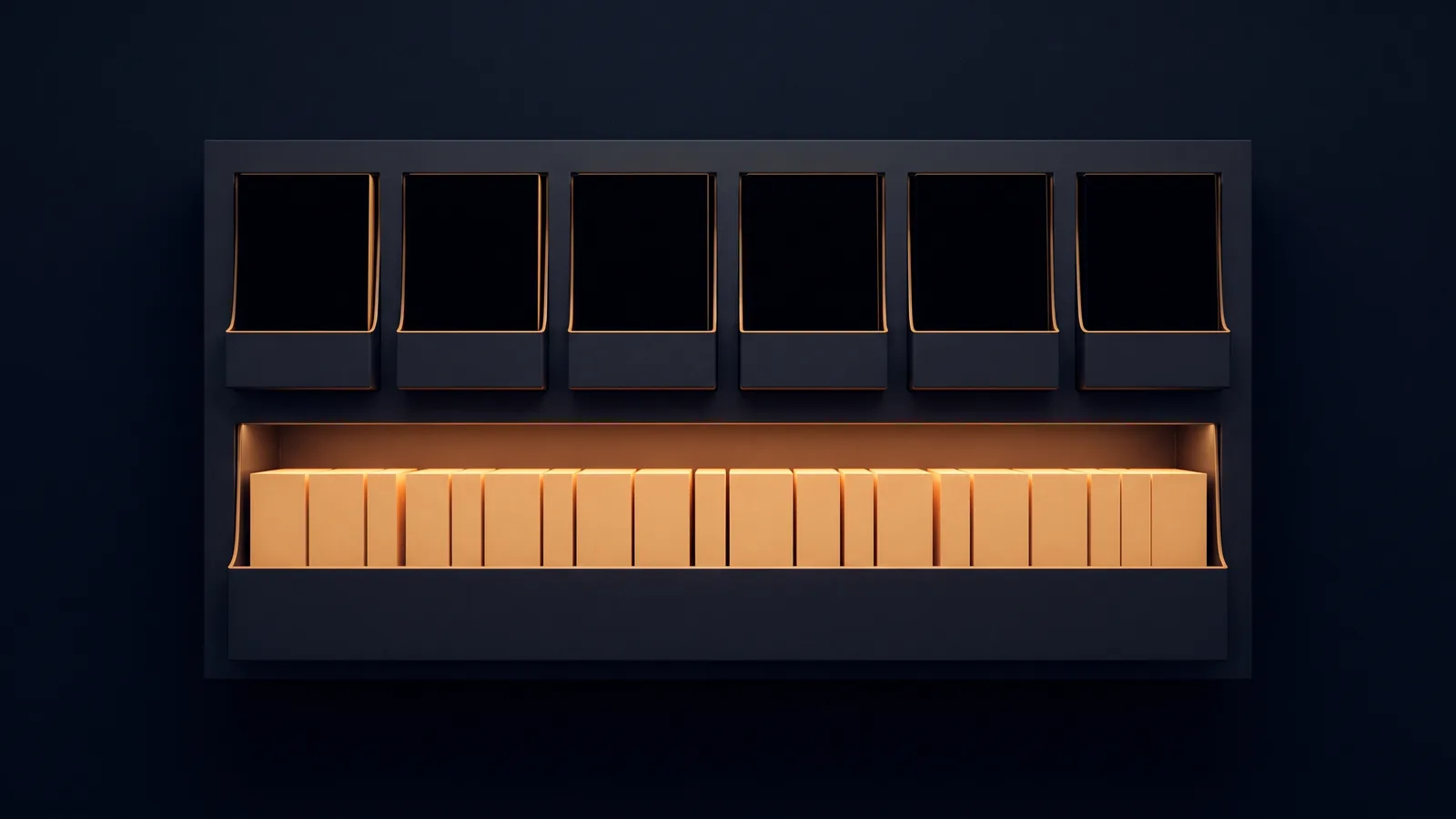 A broad blank sorting frame of dark smoked charcoal in a deep blue void, a row of six small open pockets across its upper face all empty and dark, and one much wider pocket beneath them packed with many identical unmarked blocks washed warm amber