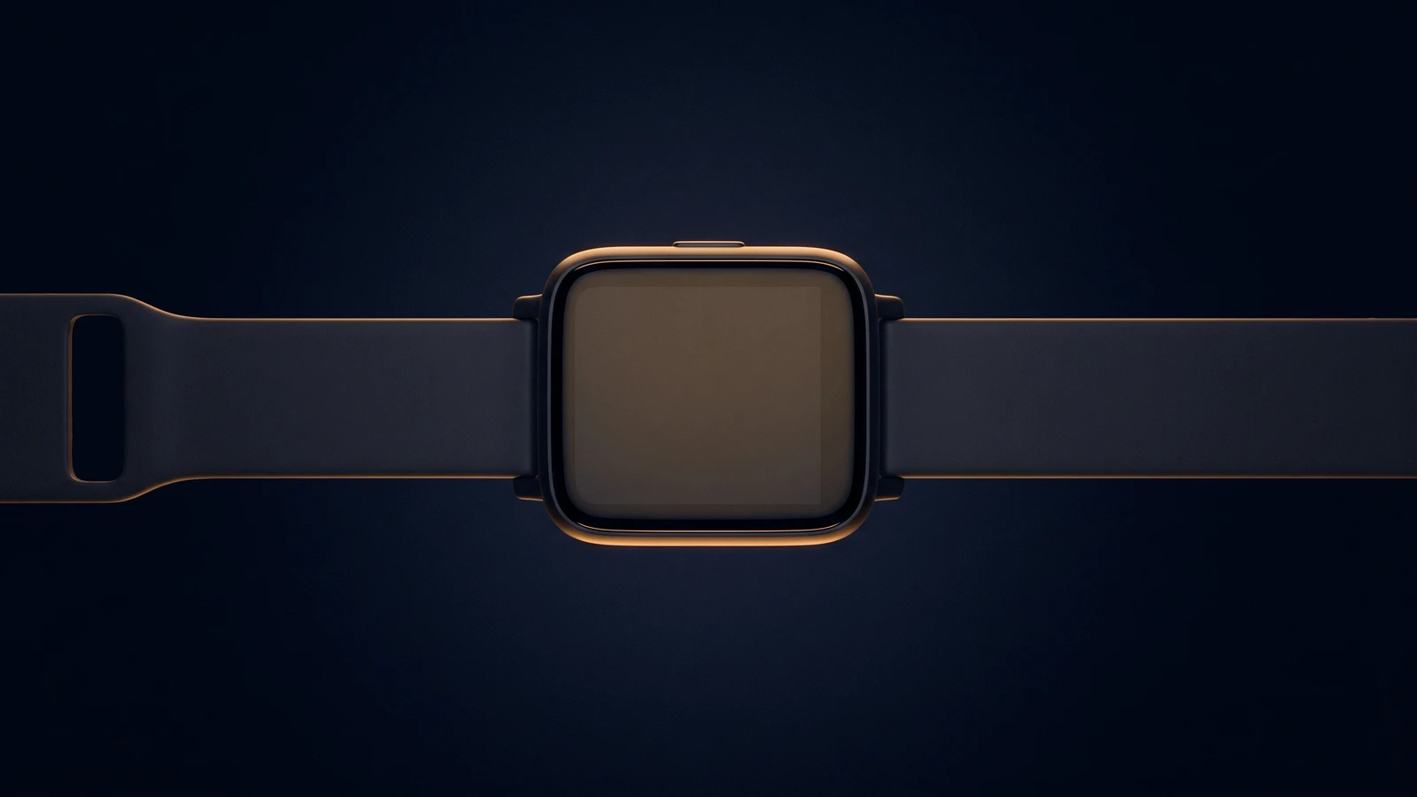 A dark smartwatch lying flat in a deep blue void, seen from above with its straps stretched out to either side, its blank square screen washed softly warm amber