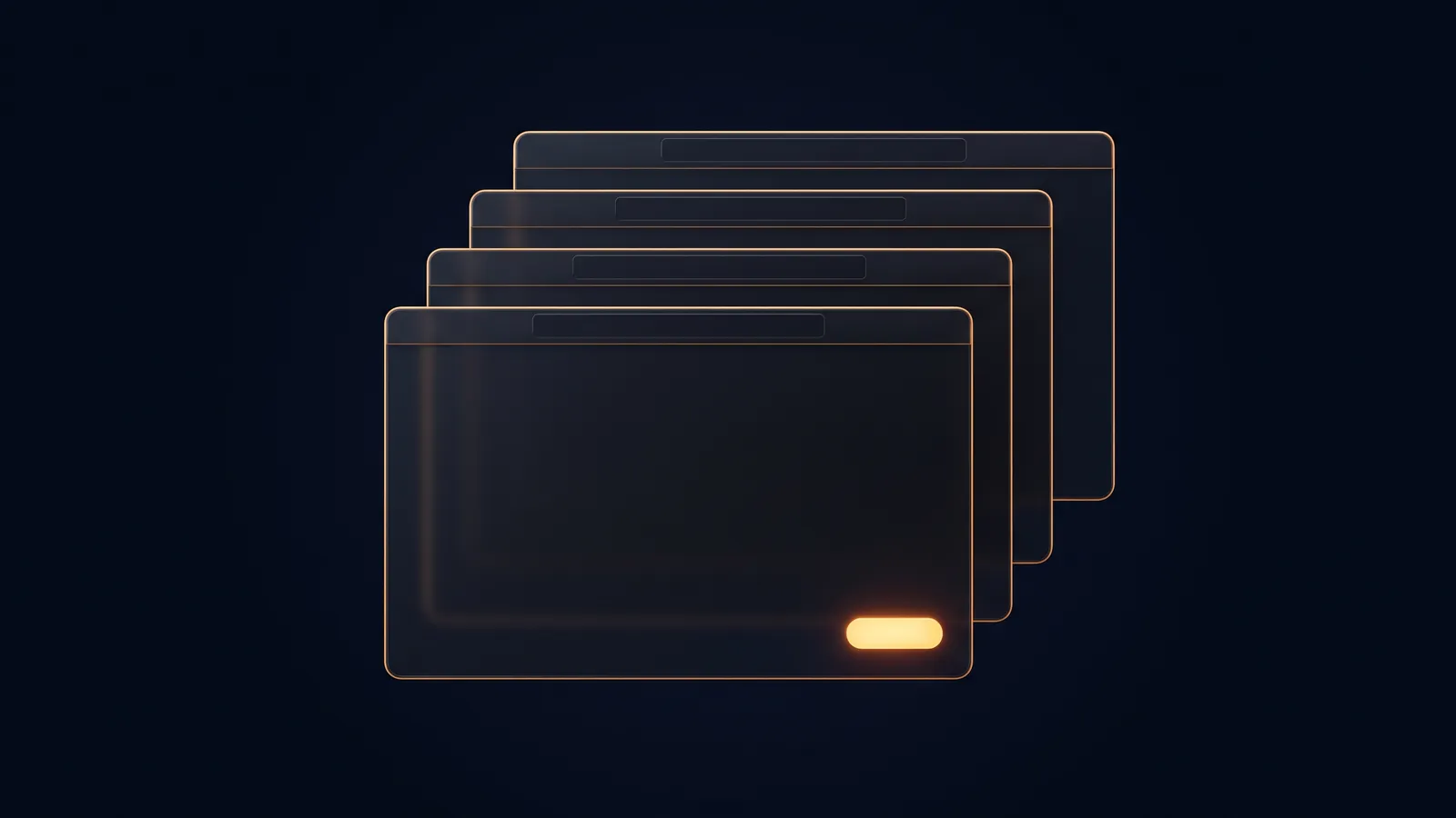 Four blank dark browser windows floating one behind another in a deep blue void, stepping up and to the right, their edges traced in warm amber, with one small rounded button glowing warm amber on the front window