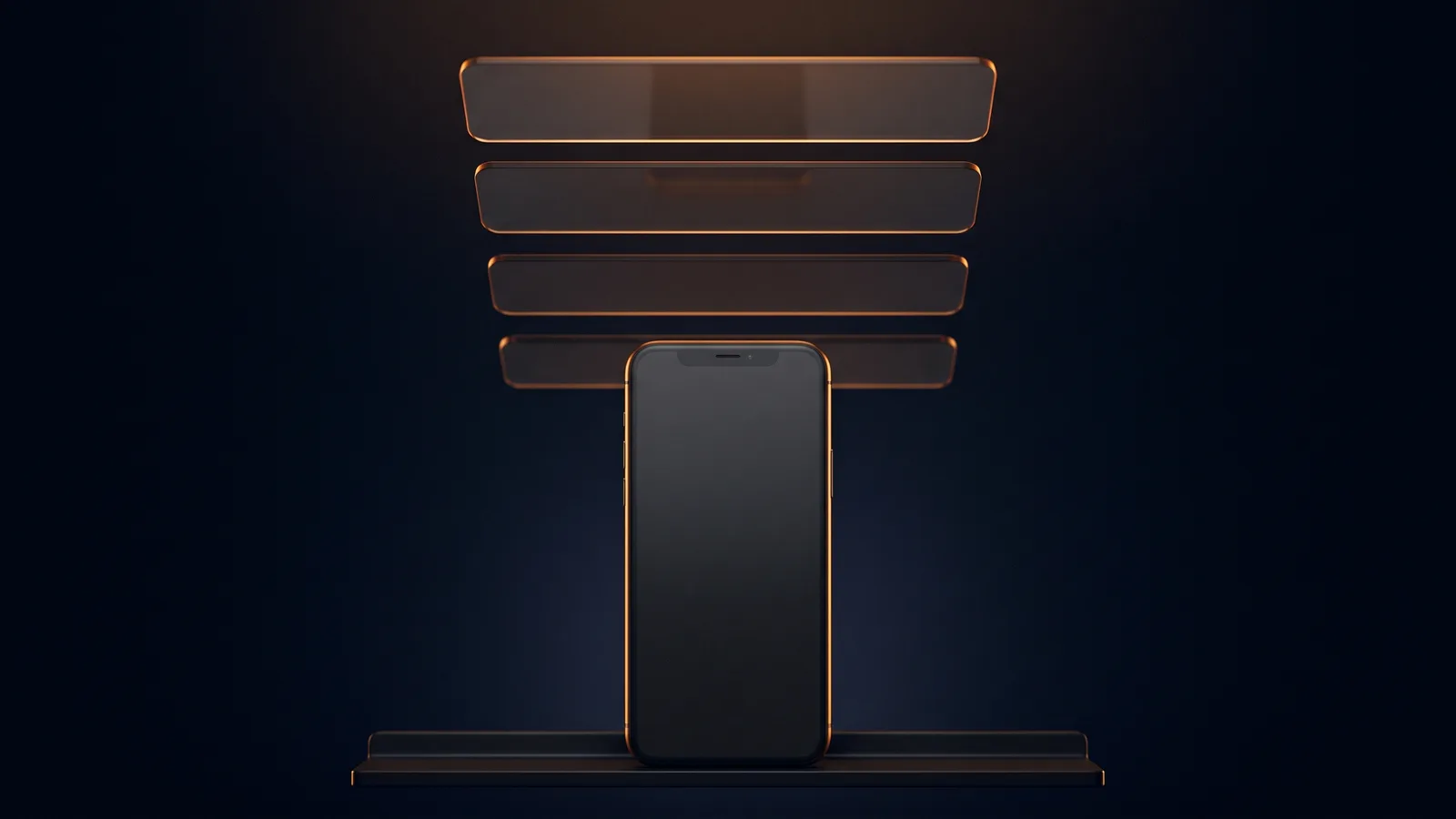 A dark smartphone standing upright on a low rail in a deep blue void, with four blank notification cards stacked above it, each traced by a warm amber rim