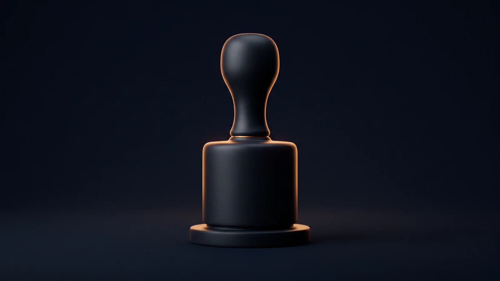An upright office stamp of dark matte material standing dead-on on a low round pad in a deep blue void, a thin warm amber seam glowing where the handle meets the body