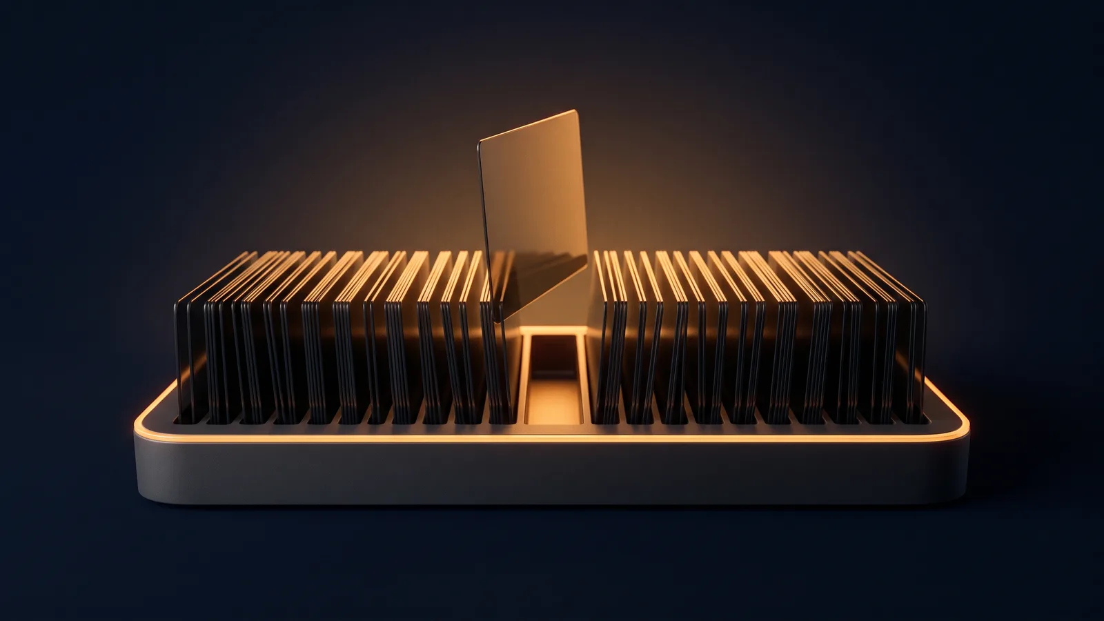 A long dark tray of upright blank glass index cards in a deep blue void, one card lifted clear of the row with warm amber light glowing in the empty slot it left