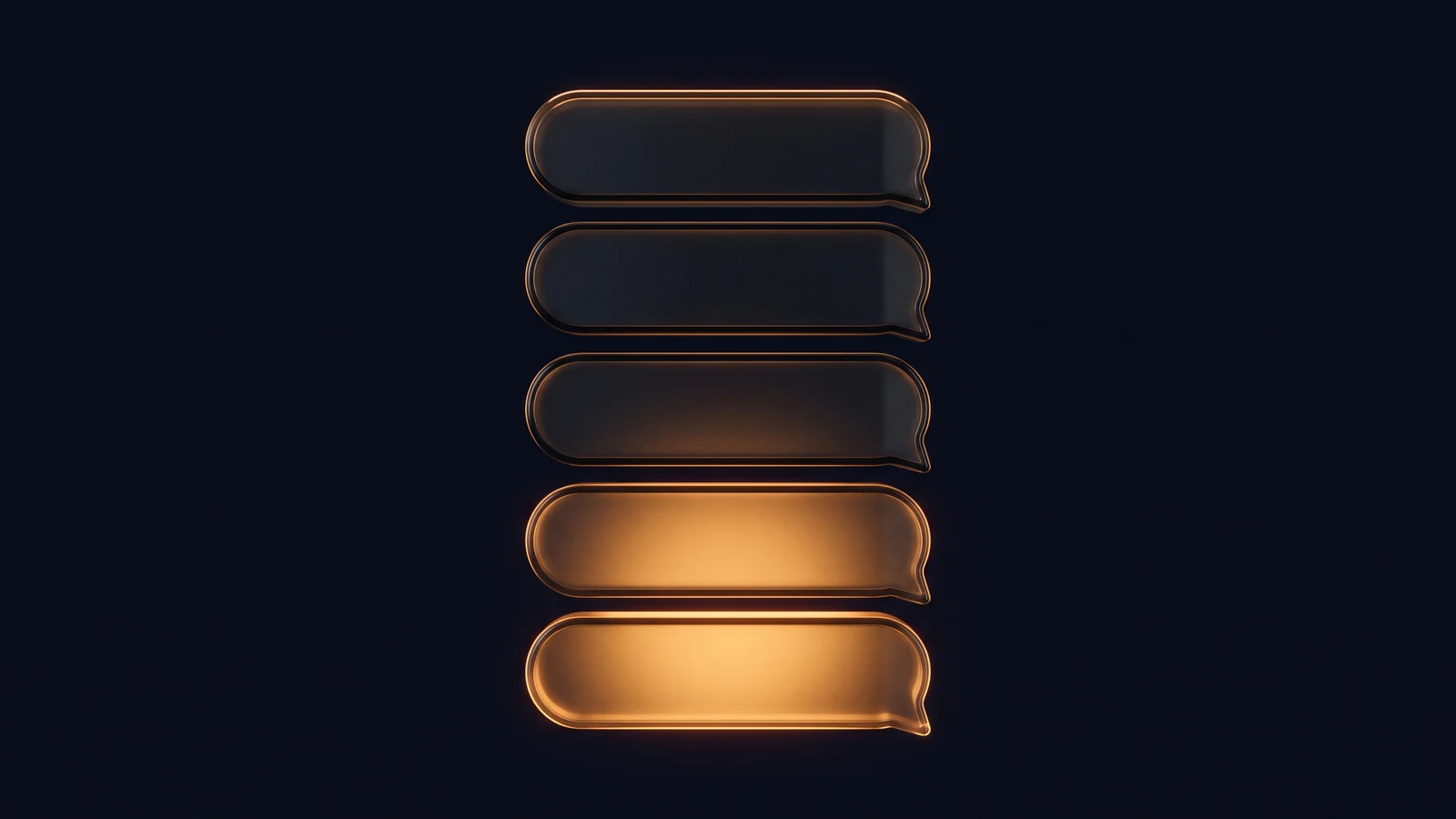 A column of five blank dark chat bubble plates stacked one above another in a deep blue void, the two lowest plates washed warm amber from behind and the three above them dark and read only by a thin warm rim