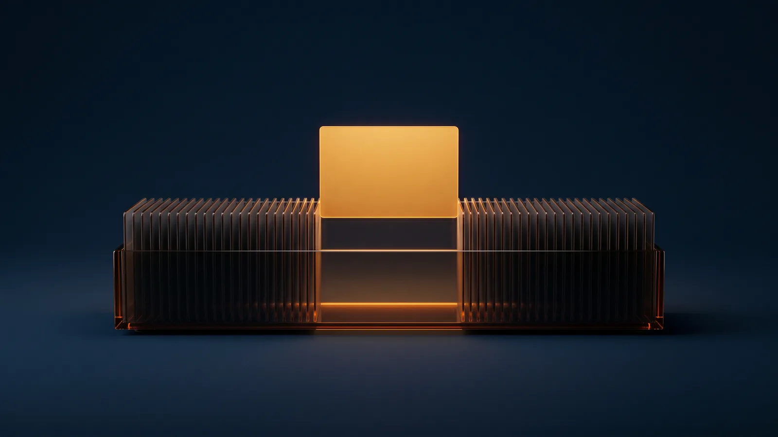 A broad open index card file of dark smoked glass in a deep blue void, a long row of blank upright cards packed inside it, and one blank card in the middle lifted well above the rest and glowing warm amber