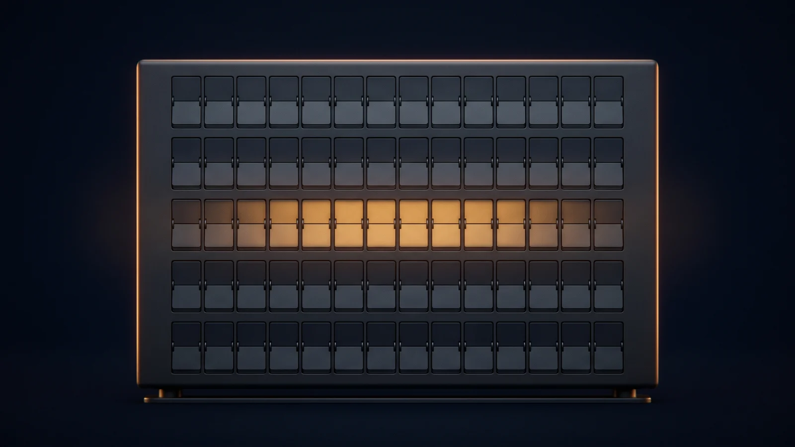 A broad dark split-flap display board in a deep blue void, every blank flap unlit except one row across the middle glowing warm amber