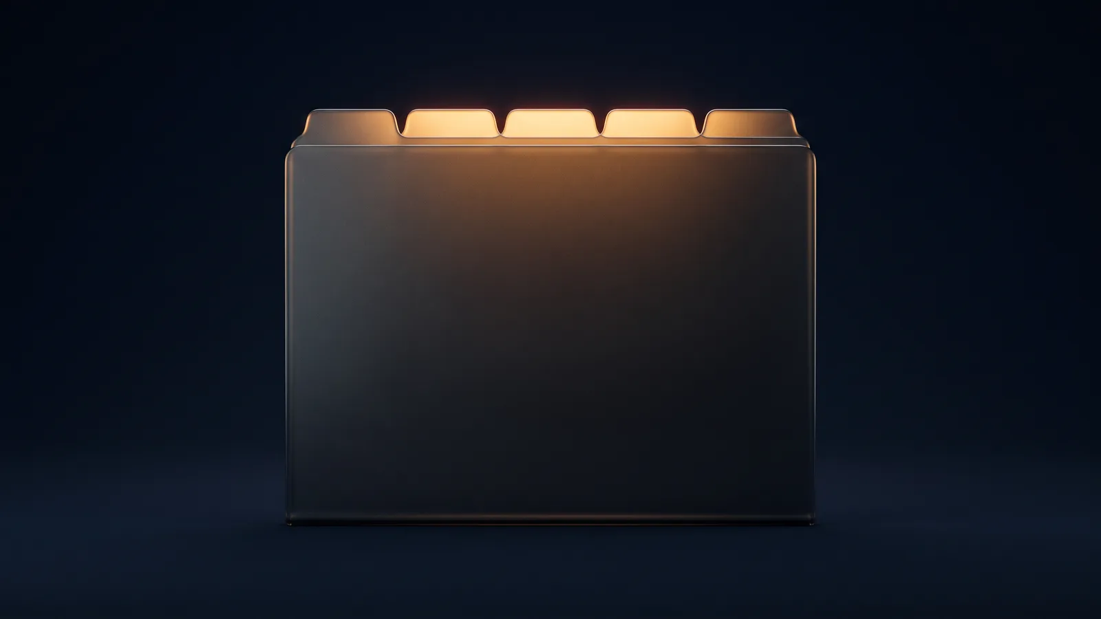 A single upright folder of dark smoked glass standing face-on in a deep blue void, with five raised tabs across its top edge each glowing warm amber
