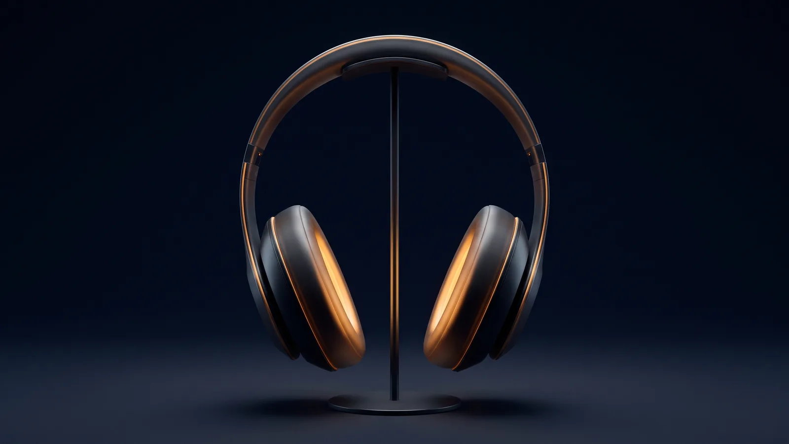 A pair of dark over-ear headphones resting on a slim stand in a deep blue void, thin amber rims tracing the headband and earcups, the inner cushion of each earcup glowing softly warm amber