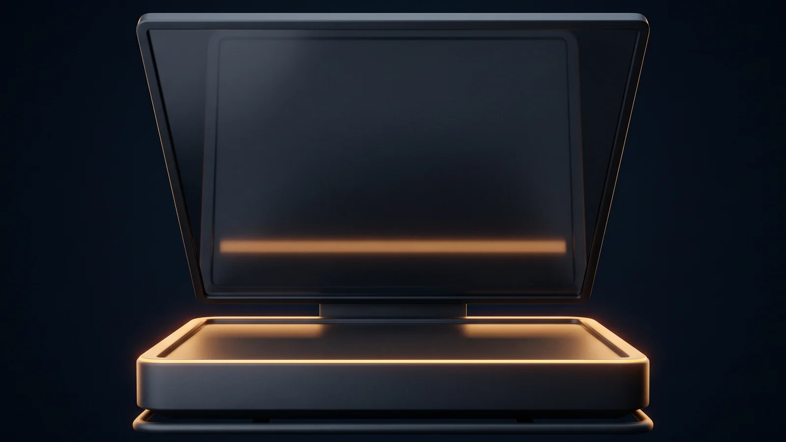 A dark teleprompter-style device in a deep blue void, a large blank tilted glass pane raised above a low housing whose rim glows warm amber, with one narrow band of amber light across the lower part of the pane